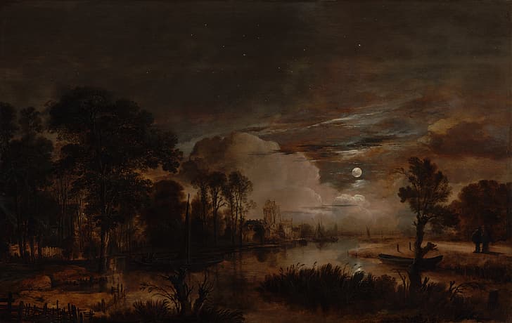 painting, landscape, Aert van der Neer, neer moonlit, Amstel river, HD wallpaper