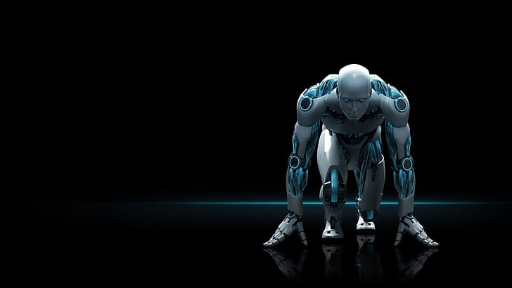 white android kneeling on ground, digital art, glowing, men, robot, HD wallpaper