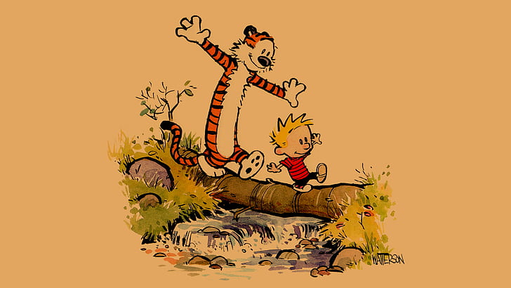 Calvin and Hobbes Log Balance HD, cartoon/comic, HD wallpaper