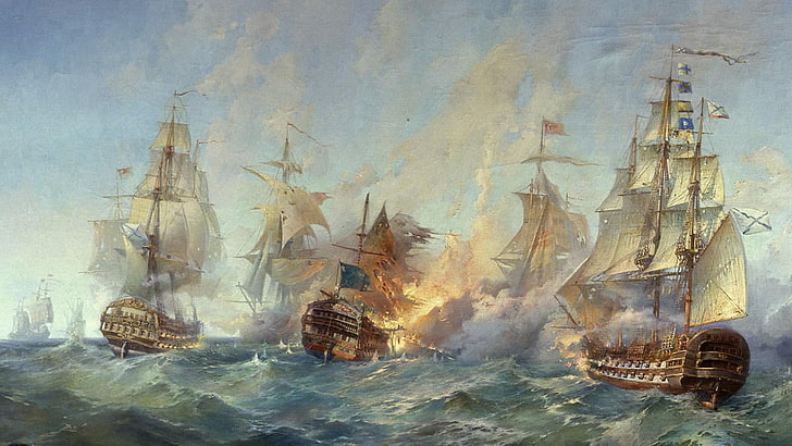 flagship, sailing ship, battle, sea, war, sailboats, painting art, HD wallpaper