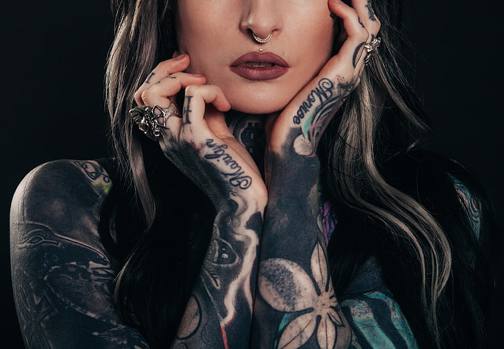 HD wallpaper: women's black hand tattoo, tattoos, piercing, face, girl,  front view | Wallpaper Flare