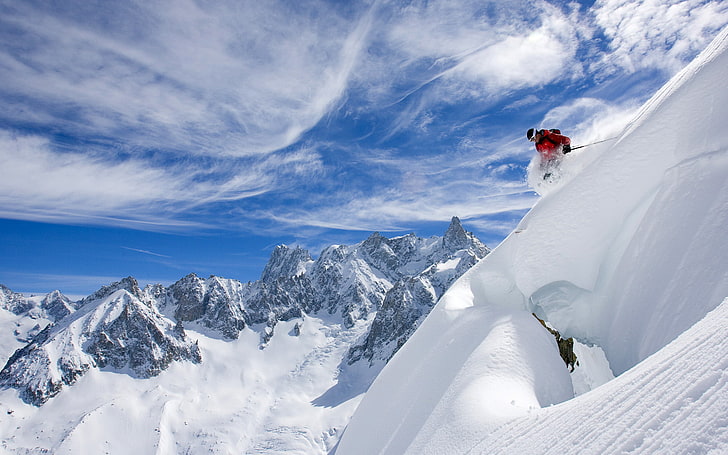 white snow, the sky, clouds, mountains, skier, skiing, sport
