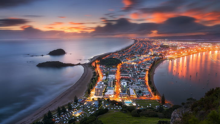 sunset, lights, New Zealand, Tauranga, HD wallpaper