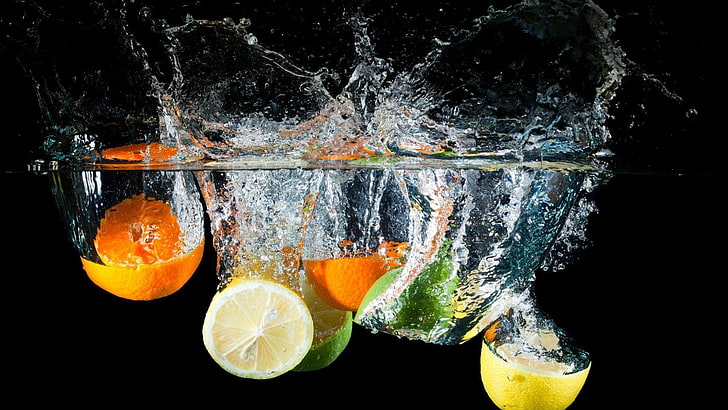 water, fruits, splash, water drops, orange, lemon, food and drink