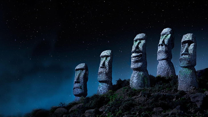 moai statues, Easter Island, night, no people, nature, sky, solid