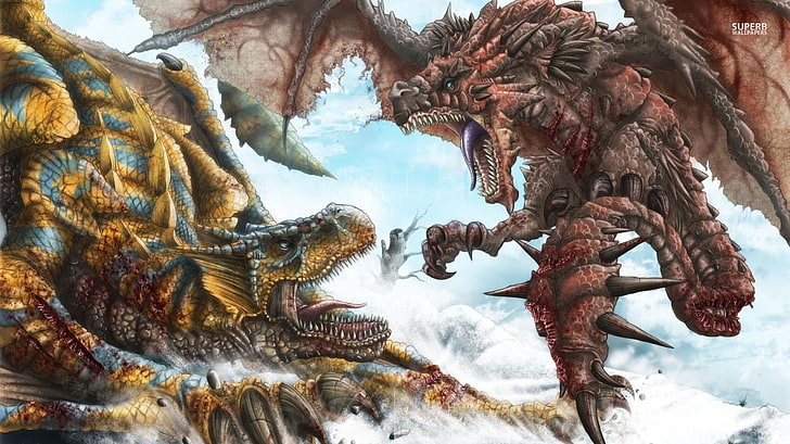 two dragons illustration, Monster Hunter, Tigrex, Rathalos, art and craft
