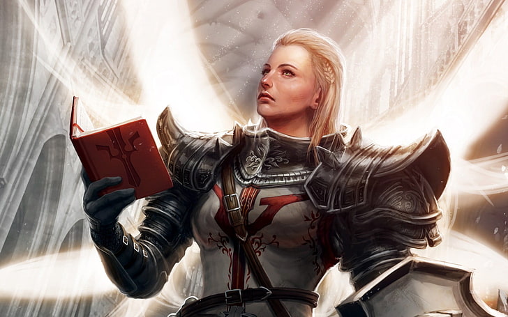 woman in black and gray armor holding red book computer illustration