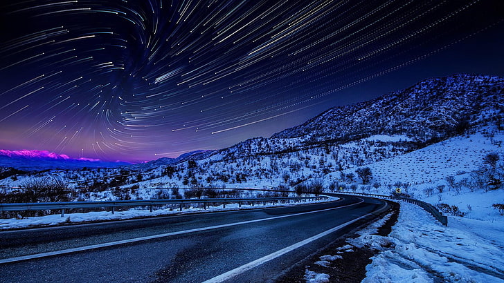 starry sky, starry night, star trails, starlight, winter, snow, HD wallpaper