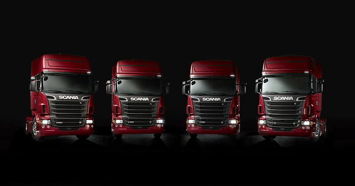 scania truck vehicle, red, in a row, studio shot, indoors, black background, HD wallpaper