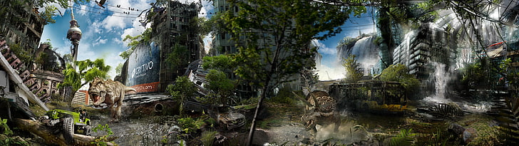 3D game wallpaper, dinosaurs, apocalyptic, digital art, ruin