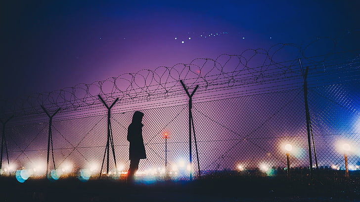 fence, bokeh, barbed wire, night, illuminated, sky, silhouette, HD wallpaper