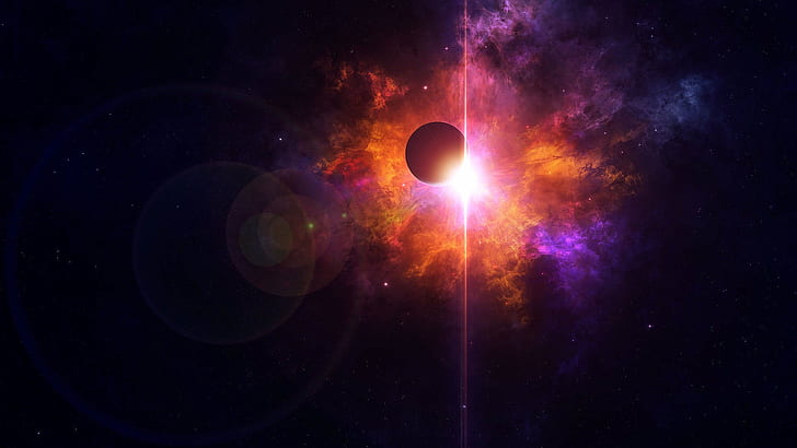 Beautiful space, planets, red and purple light, stars, HD wallpaper