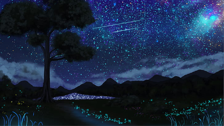 Anime, Original, Shooting Star, Starry Sky, Tree, HD wallpaper