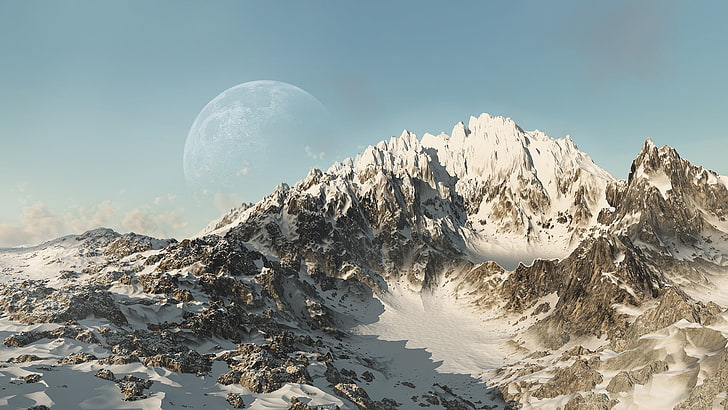 mountain with snow, digital art, mountains, landscape, planet