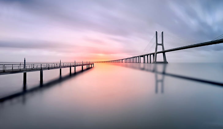 landscape pier shadow photography lisbon vasco da gama bridge long exposure portugal calm bridge water sunset, HD wallpaper