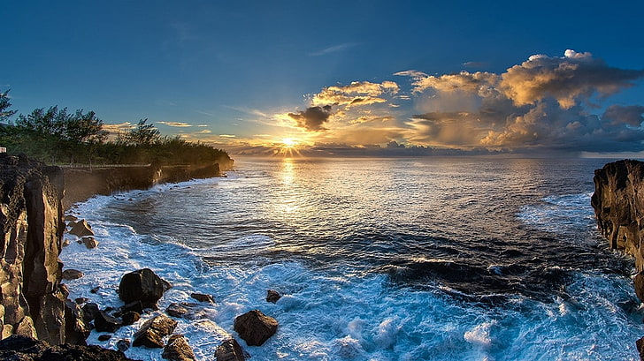 nature, landscape, beach, sea, coast, clouds, sun rays, island, HD wallpaper