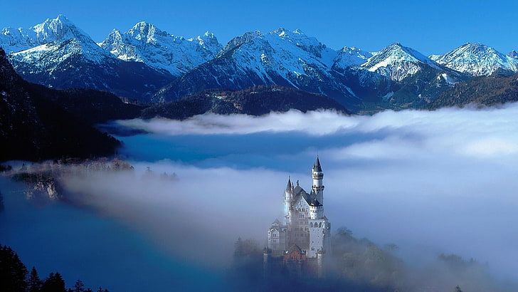 white and black castle near mountain, Alps, mountains, clouds