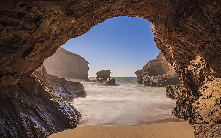 brown rock formations, beach, nature, landscape, sea, cave, rock - object