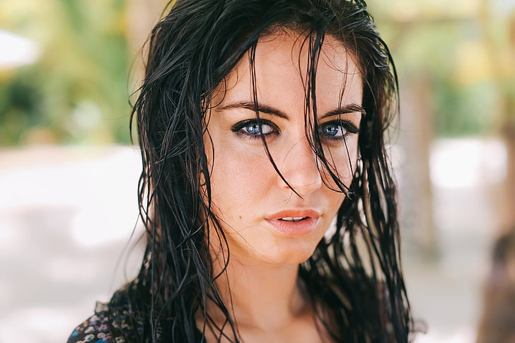 Aurela Skandaj, women, model, blue eyes, wet hair, brunette