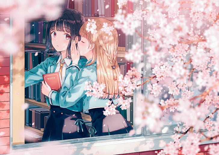 cherry blossom, books, library, window, school uniform, yuri, HD wallpaper