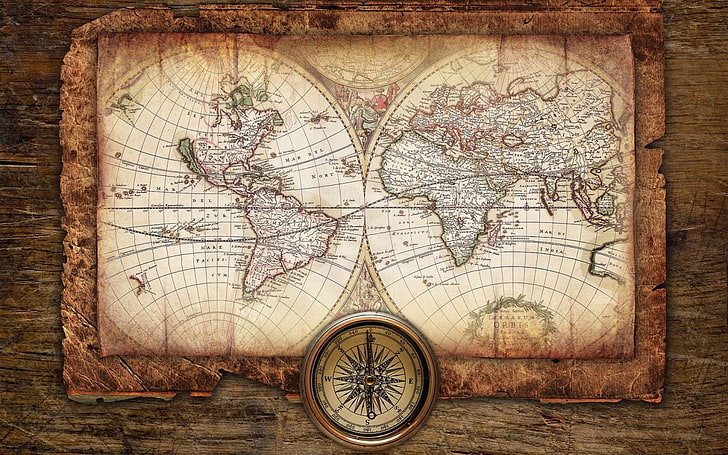 brown mappemonde, world, world map, direction, old, antique, no people, HD wallpaper
