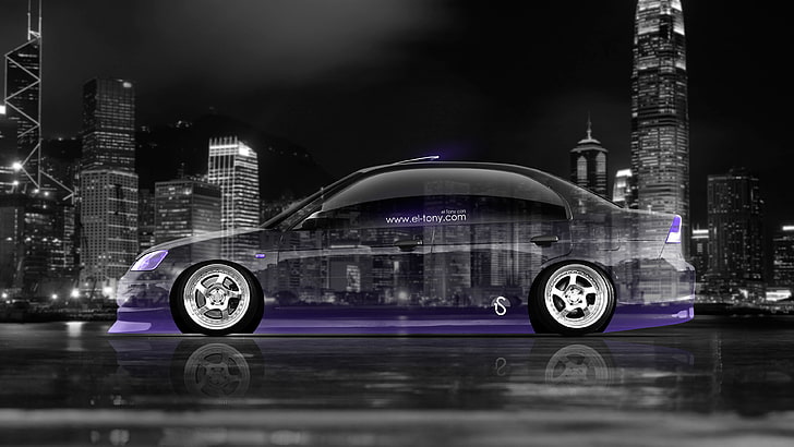 purple and black car, Auto, Neon, Machine, Wallpaper, City, Honda