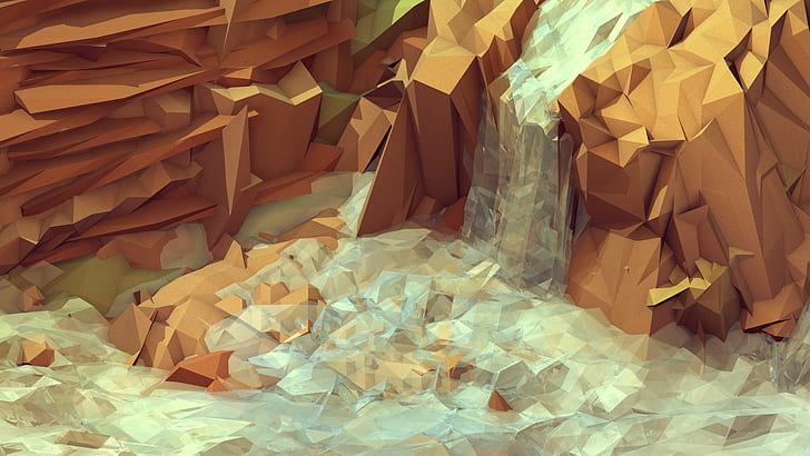 Waterfall on Rocks HD, brown and white abstract falls illustration