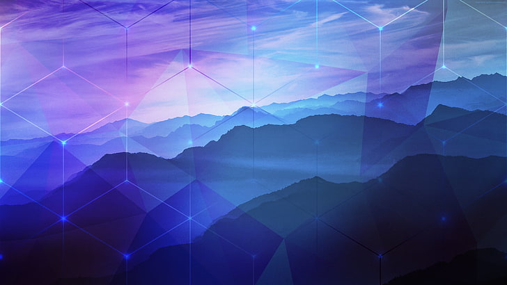 silhouette of mountains, blue, purple, hexagon, Photoshop, 2K, HD wallpaper