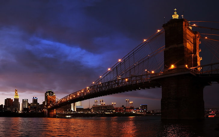 roebling bridge, architecture, built structure, night, water