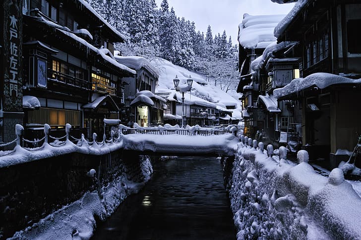 winter, snow, landscape, home, Japan, lights, bridges, source