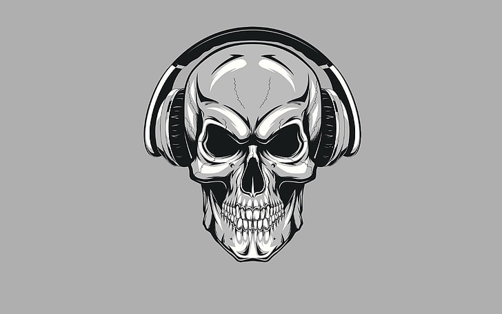human skull wearing headphones digital wallpaper, minimalism