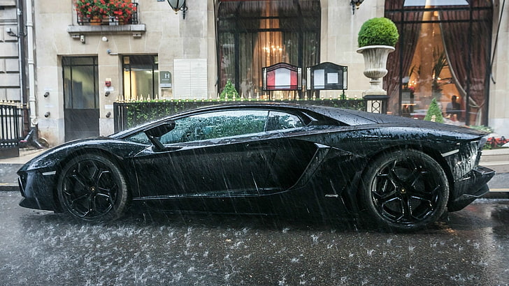black sports car, Lamborghini, Lamborghini Aventador, vehicle, HD wallpaper