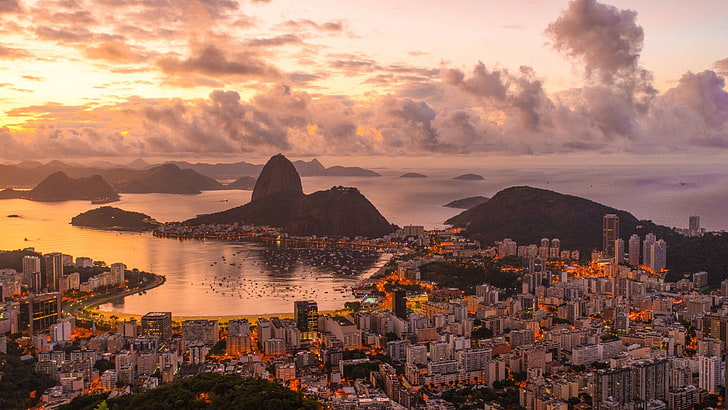 city, cityscape, Rio de Janeiro, Brazil, clouds, hills, sea