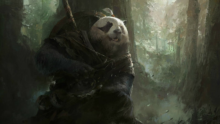 panda wearing suit wallpaper, Mazert Young, fantasy art, magic