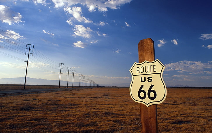 Route 66 U.S. signage, USA, road, power lines, field, clouds, HD wallpaper