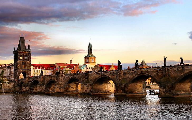 Czech Republic, Prague, city, river, bridge, houses