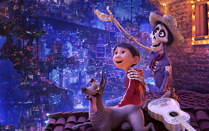 HD wallpaper: Coco animated movie, night, the city, lights, cartoon, guitar  | Wallpaper Flare