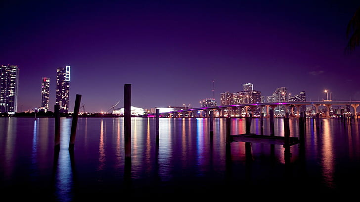 Miami, night city, bridge, sky, city, river, landscape, photography, HD wallpaper