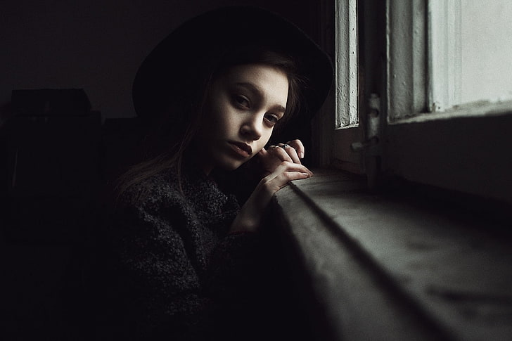 women, hat, portrait, window, one person, young adult, headshot