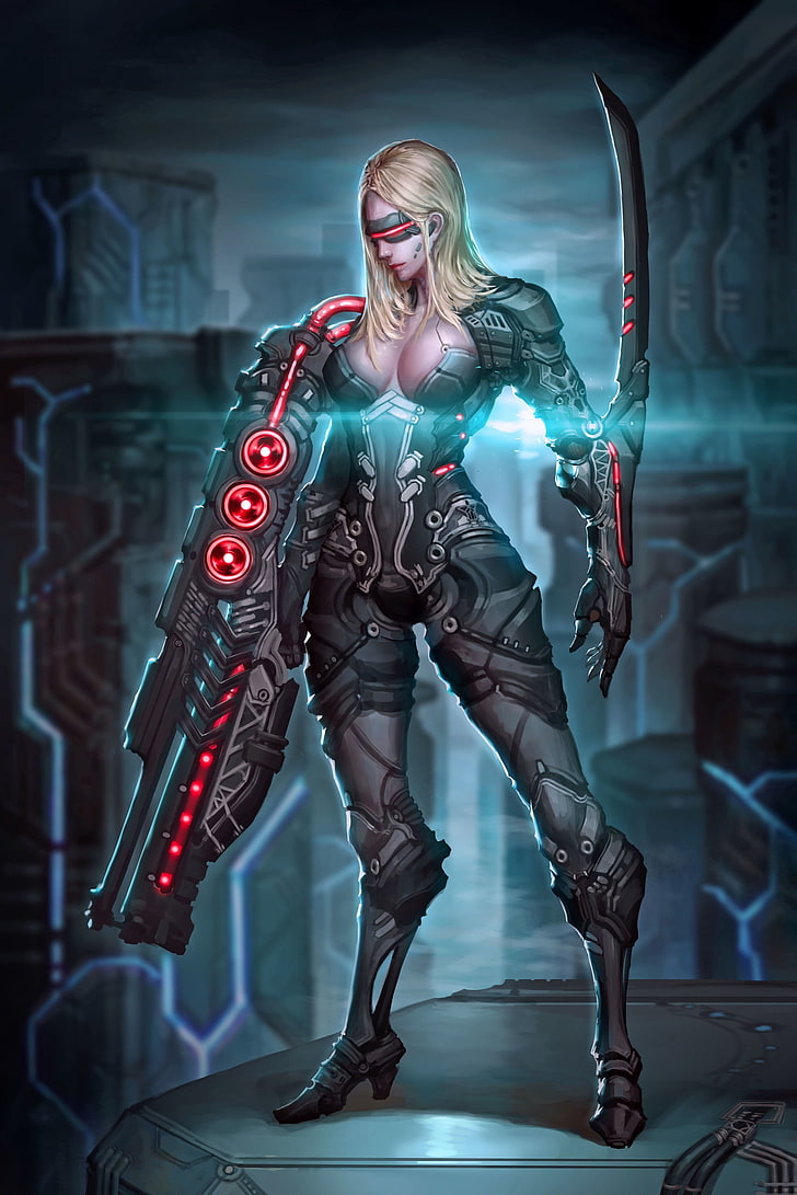 woman wearing armor illustration, warrior, sword, futuristic