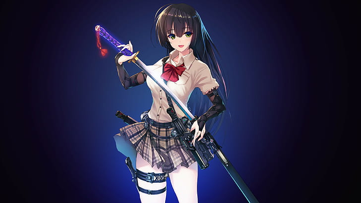 anime, anime girls, original characters, skirt, weapon, sword, HD wallpaper
