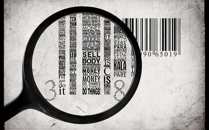 demotivational magnifying glasses barcode typography, close-up
