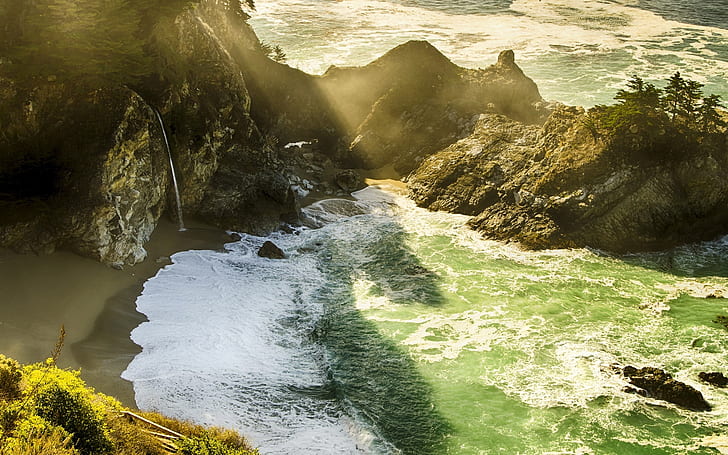 Monterey County, California, USA, McWay Falls, sea, sea waves, HD wallpaper