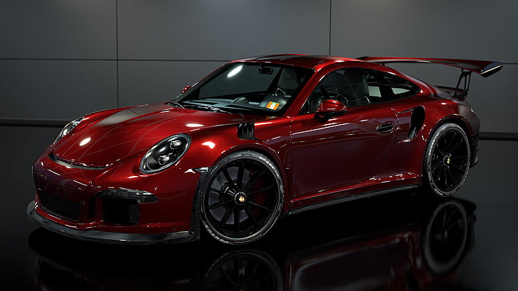 red Porsche Carrera coupe, Porsche GT3 , reflection, mode of transportation