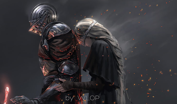 woman standing beside man by Wlop artwork, knight, Dark Souls