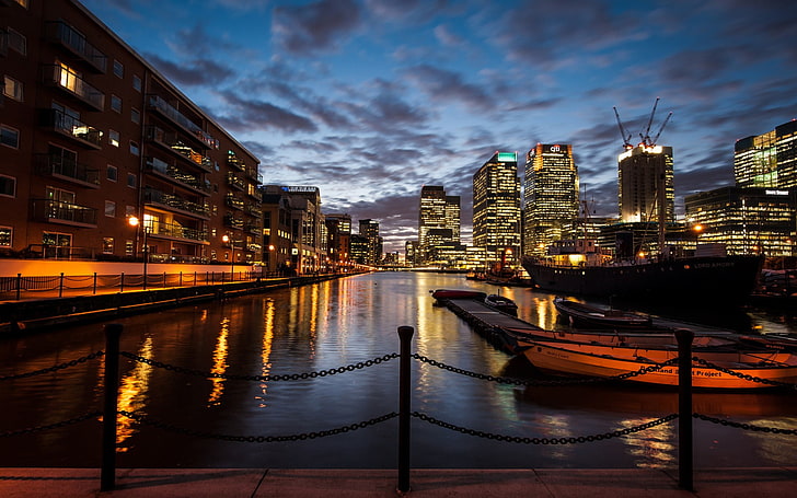 photo of buildings and river, cityscape, canary wharf, London, HD wallpaper