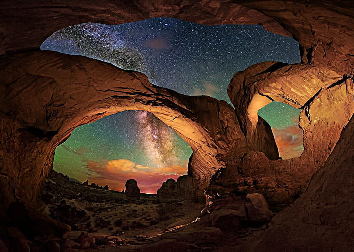 rock, starry night, Arches National Park, Utah, erosion, desert, HD wallpaper