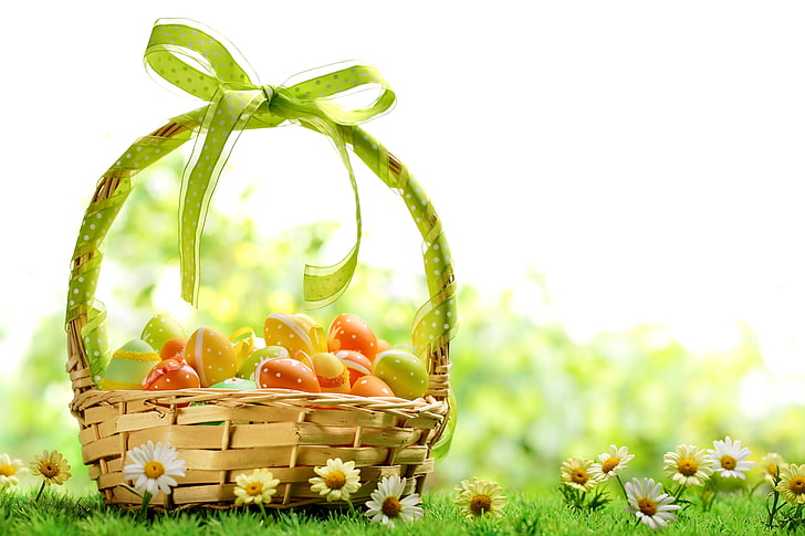Easter, eggs, spring, flowers, basket, HD wallpaper