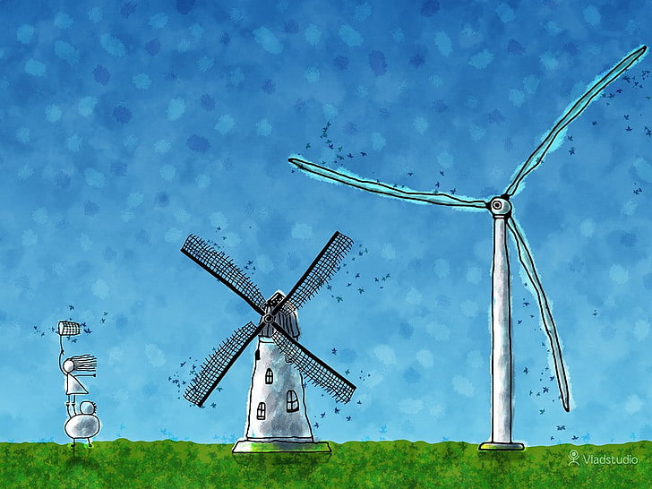 Vladstudio, windmill, artwork, turbines, wind turbine, sky, HD wallpaper