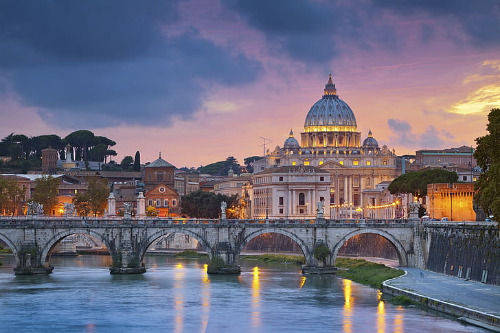 Rome, Italy, Vatican City, cathedral, church, river, bridge, HD wallpaper